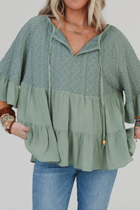 Ruffled Tie Neck Three-Quarter Sleeve Blouse