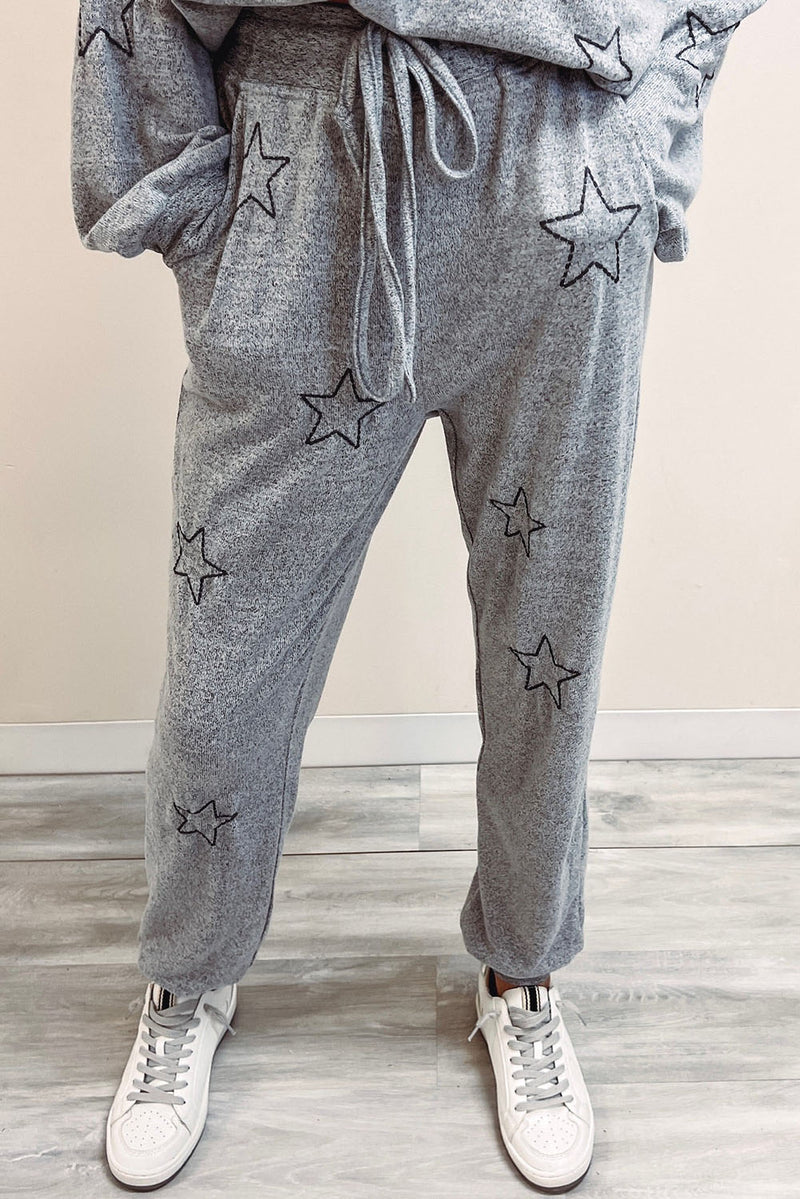 Gray Stars Print Long Sleeve Drawstring High Waist Lounge Set