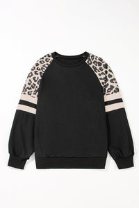 Black Leopard Print Colorblock Raglan Sleeve Sweatshirt