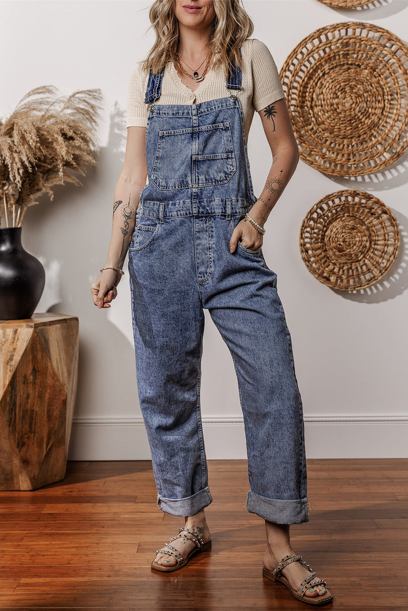 Sail Blue Denim Bib Straight Leg Jumpsuit with Pockets