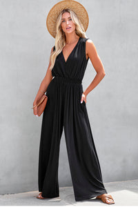 Black Deep V Pleated Crisscross Wide Leg Backless Jumpsuit