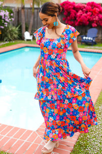 Follow Me Aqua Floral Print Square Neck Tiered Ruffle Maxi Dress