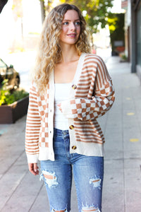 Cozy Days Taupe Checkered & Striped Button Down Cardigan