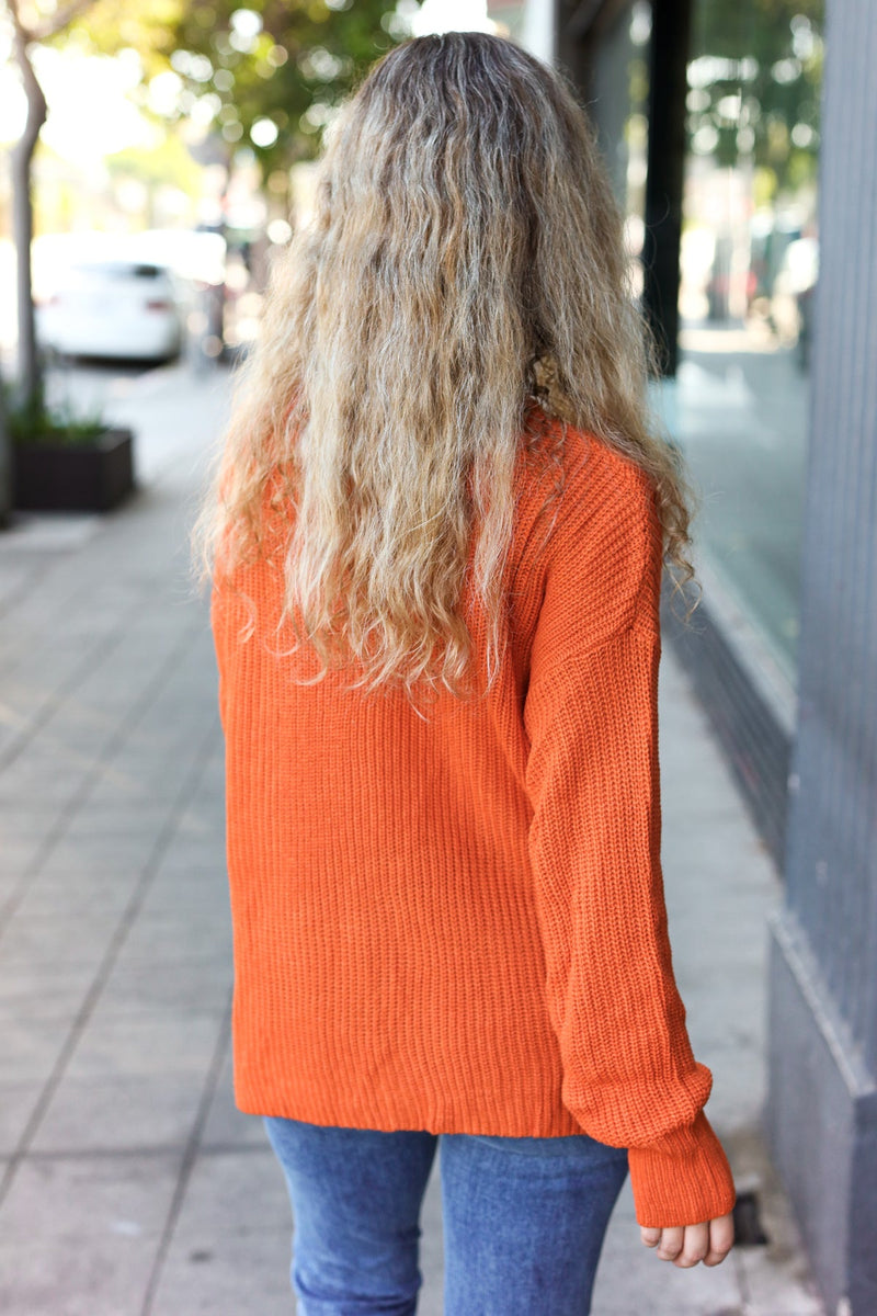 Pumpkin Spice Mock Neck Chest Pocket Knit Sweater