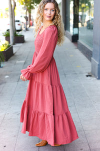 Beautiful You Lock Eyes Marsala Smocked Ruffle Sleeve Maxi Dress