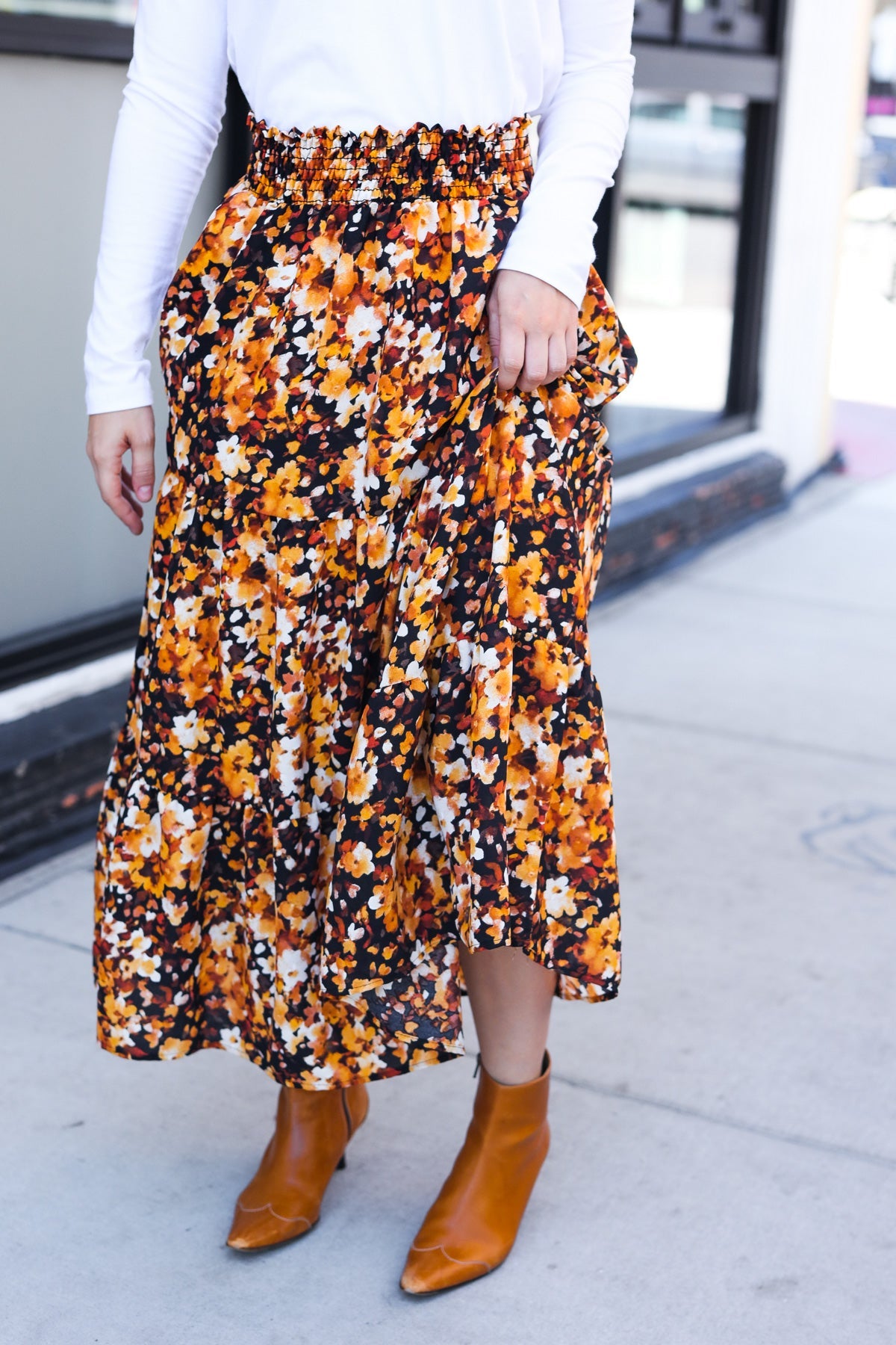 Casual Living Black Floral Tiered Smocked Waist Midi Skirt