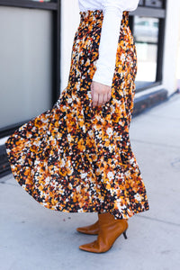 Casual Living Black Floral Tiered Smocked Waist Midi Skirt