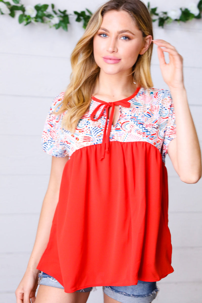 Red Boho Print Tie Neck Dolman Top