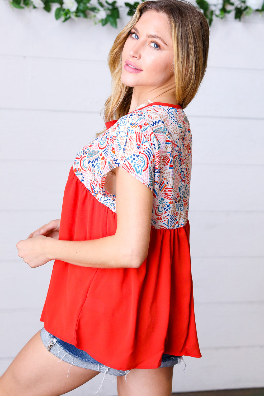 Red Boho Print Tie Neck Dolman Top