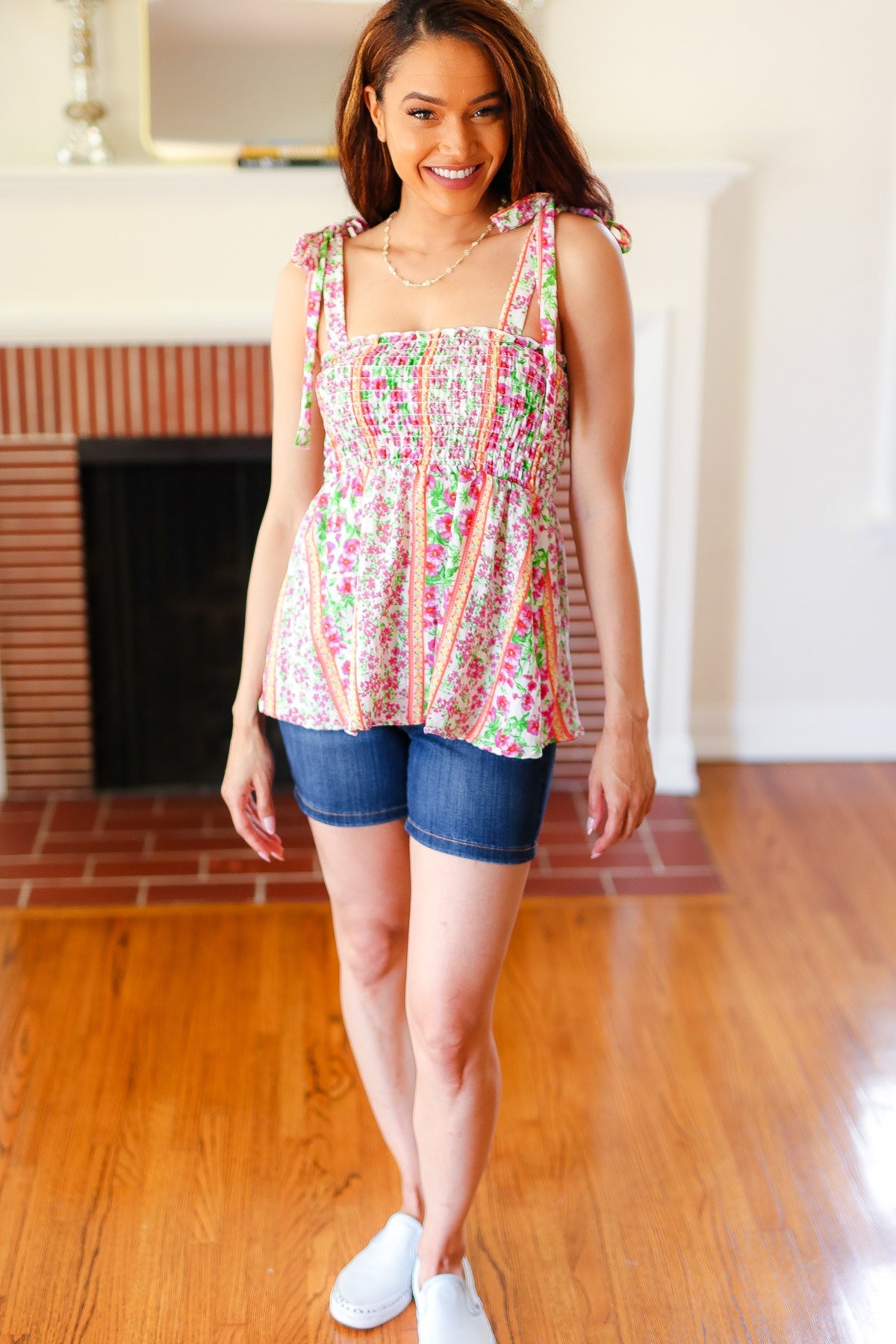 Summer Days Ivory & Fuchsia Floral Smocked Shoulder Tie Top