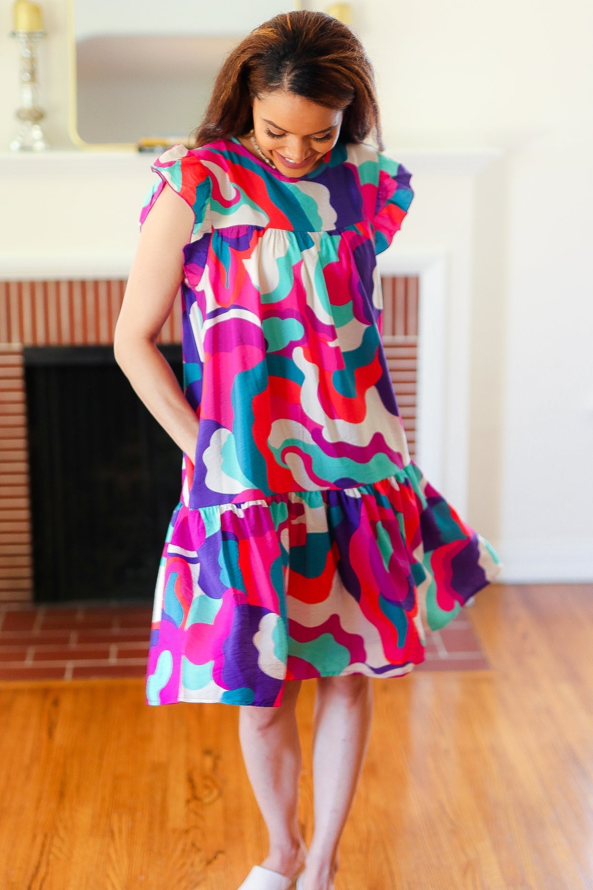 Go For Fun Fuchsia Geo Print Tiered Ruffle Sleeve Woven Dress