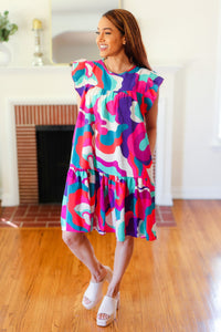 Go For Fun Fuchsia Geo Print Tiered Ruffle Sleeve Woven Dress