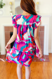 Go For Fun Fuchsia Geo Print Tiered Ruffle Sleeve Woven Dress