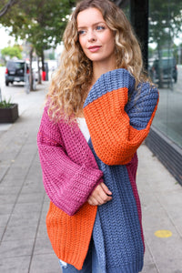 Dazzle In Magenta & Navy Chunky Knit Color Block Cardigan