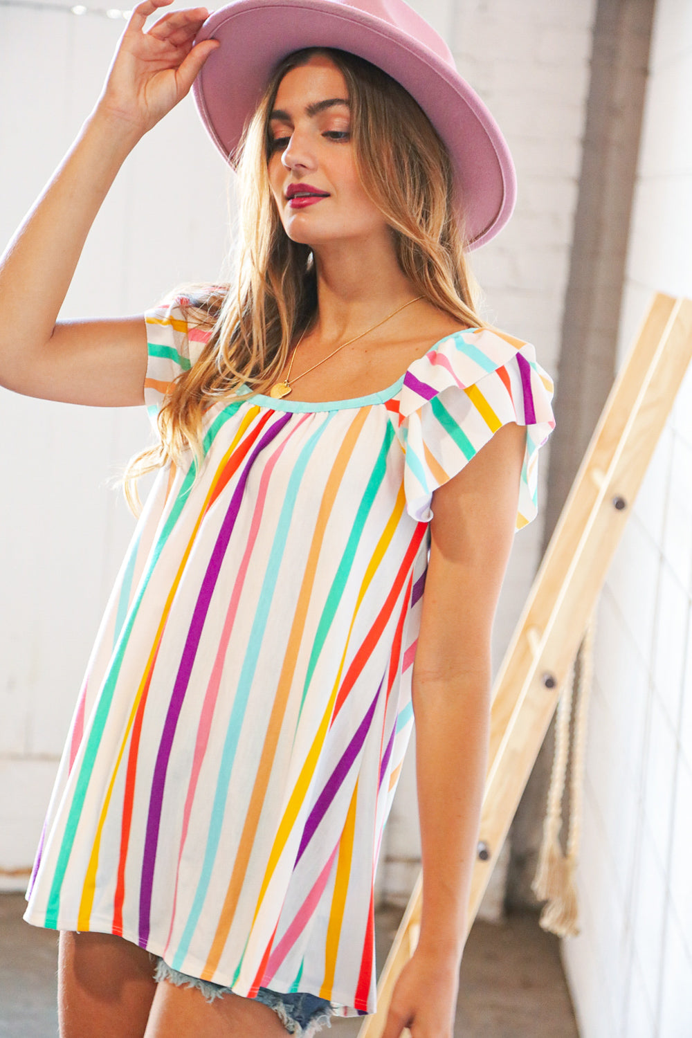 Multicolor Vertical Stripe Ruffle Frill Sleeve Top