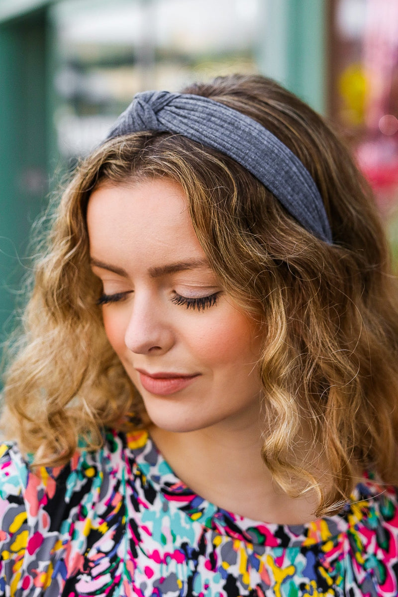 Smoke Gray Ribbed Knit Top Knot Headband