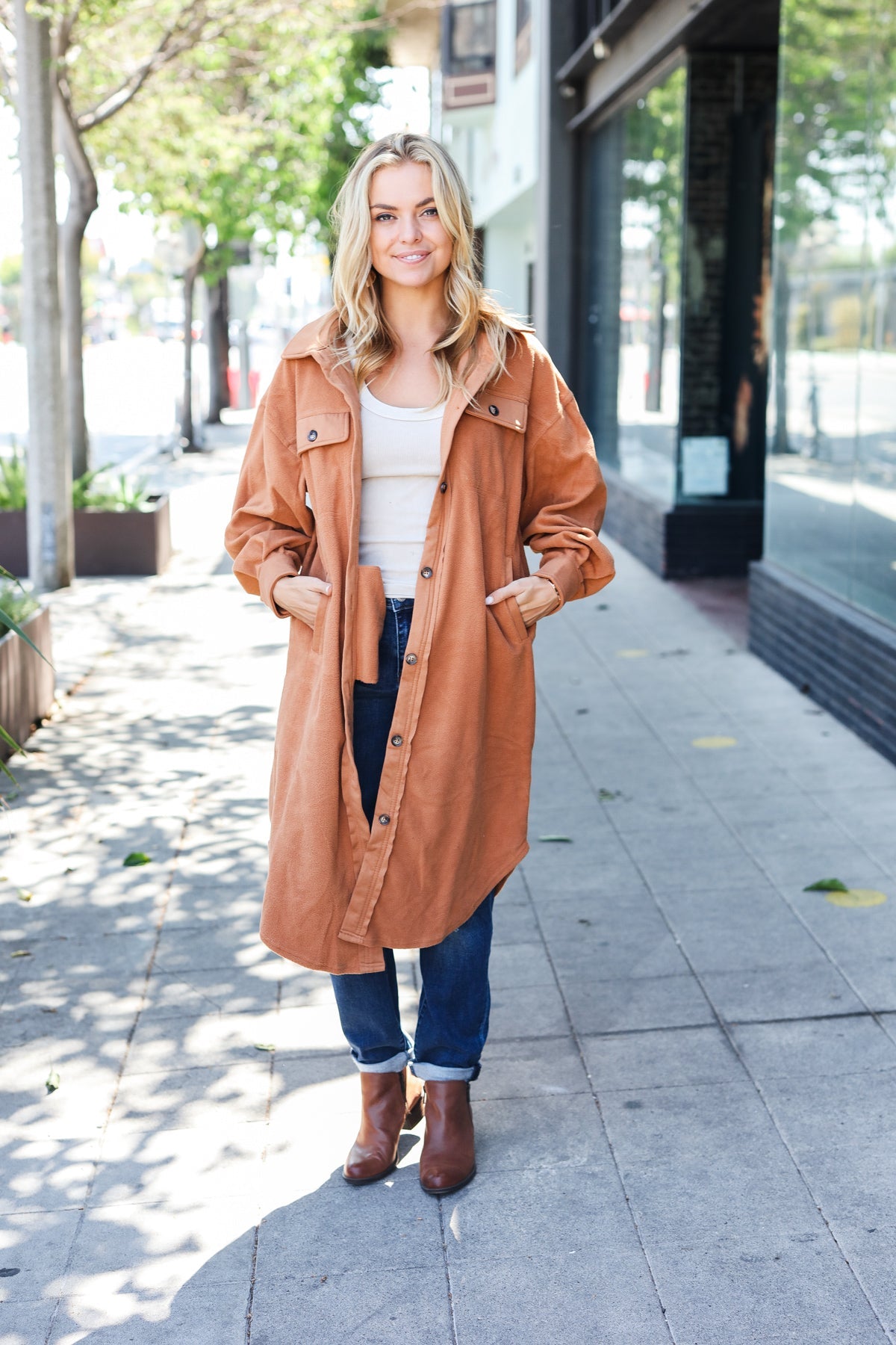 Turn Heads Camel Fleece Button Down Duster Jacket