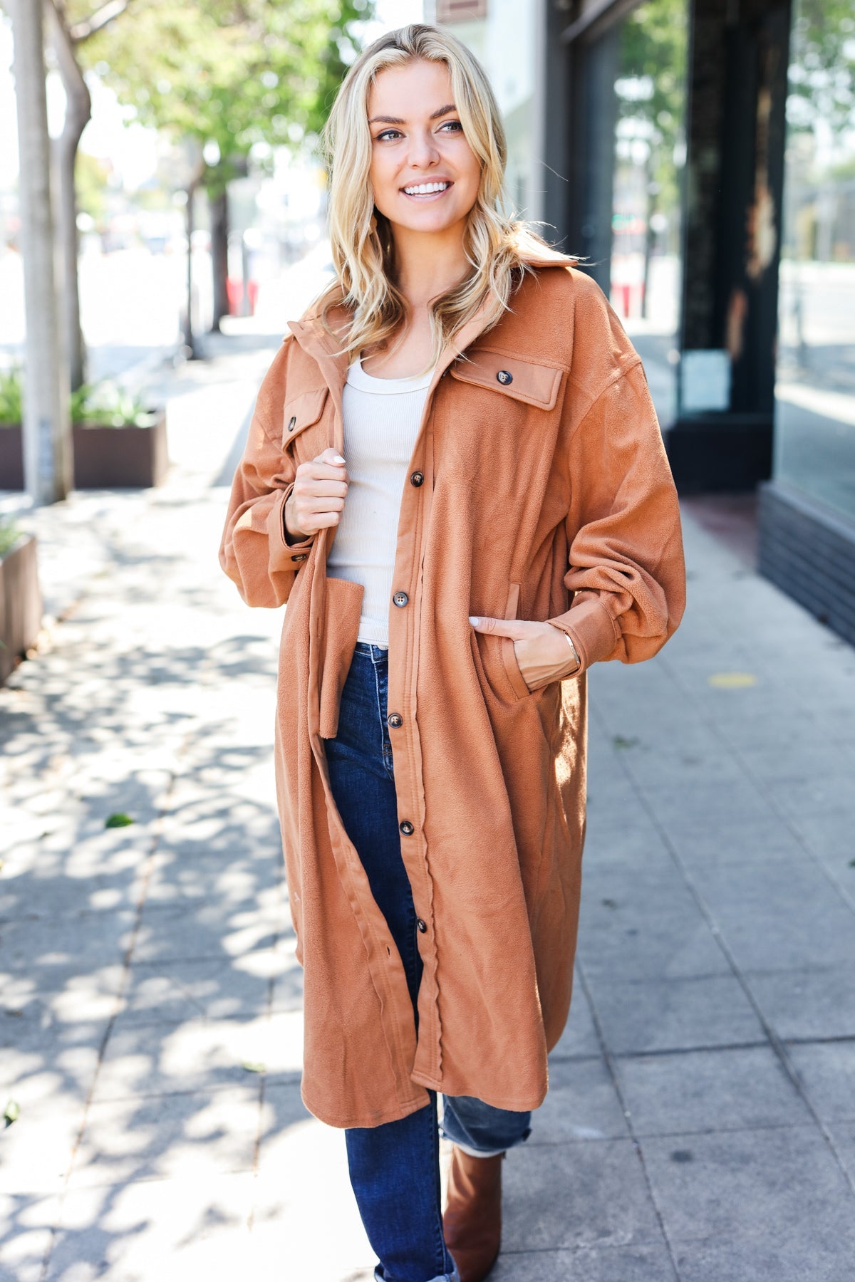 Turn Heads Camel Fleece Button Down Duster Jacket