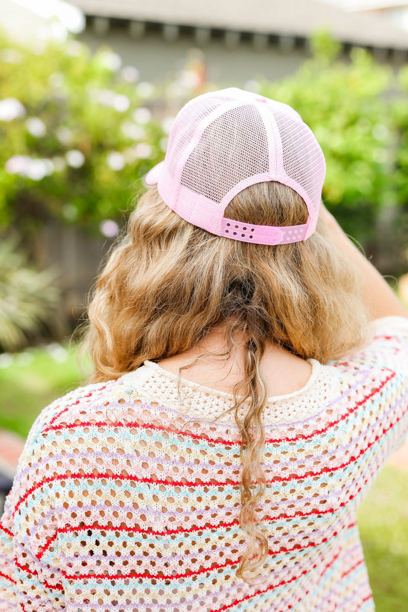 Baby Pink Glitter Smiley Face Mesh Trucker Hat