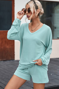 Grass Green Corded V Neck Slouchy Top Pocketed Shorts Set