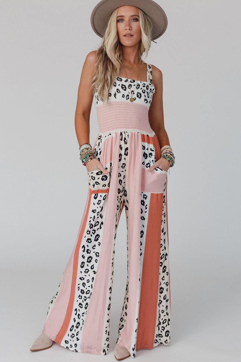 Pink Leopard Color Block Mix Print Pocketed Jumpsuit