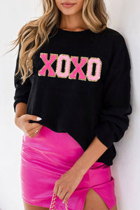 White XOXO Glitter Print Round Neck Casual Sweater