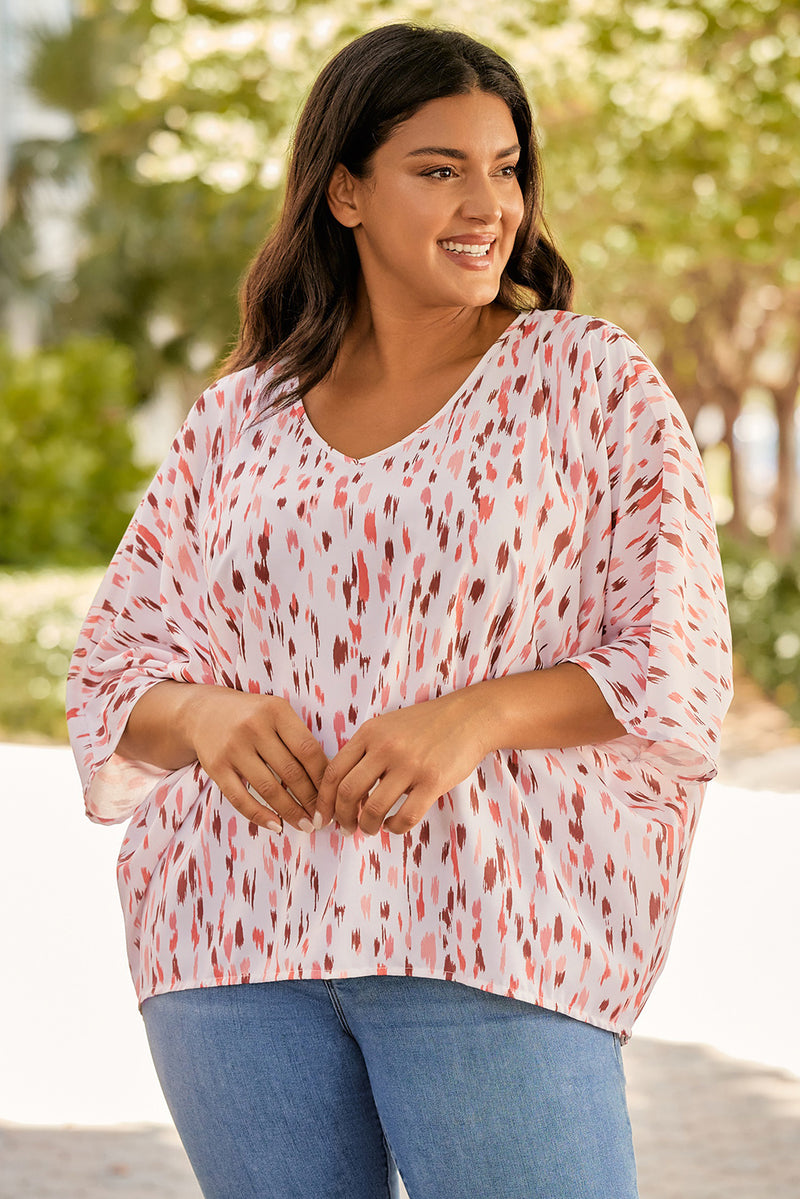 Sky Blue Printed Printed 3/4 Dolman Sleeve Plus Size Blouse