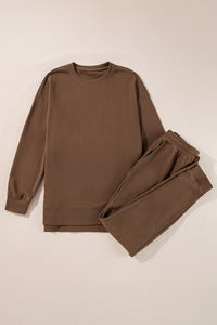 Coffee Solid Color High Low Pullover and Skinny Pants Set