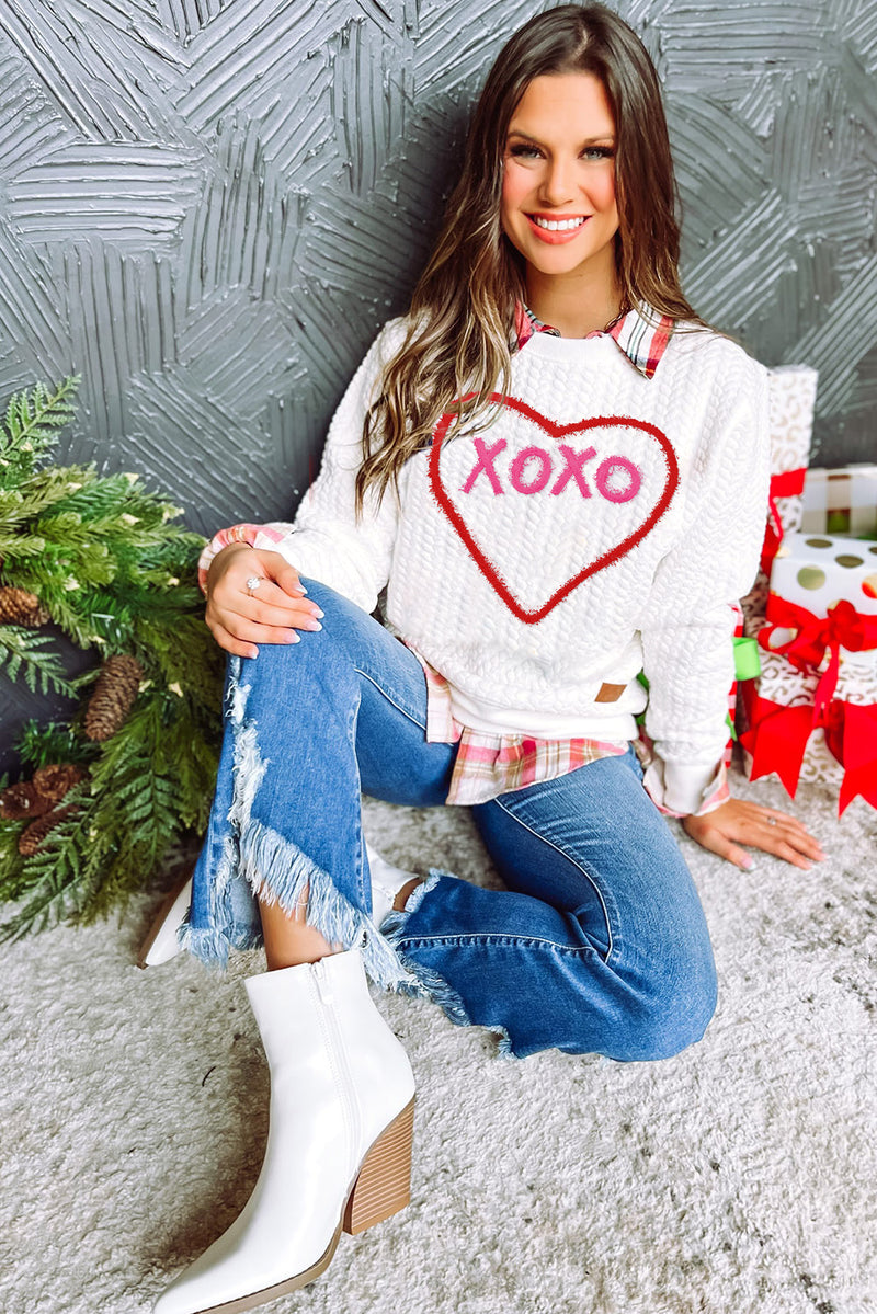 Racing Red Heart XOXO Chenille Embroidered Textured Sweatshirt