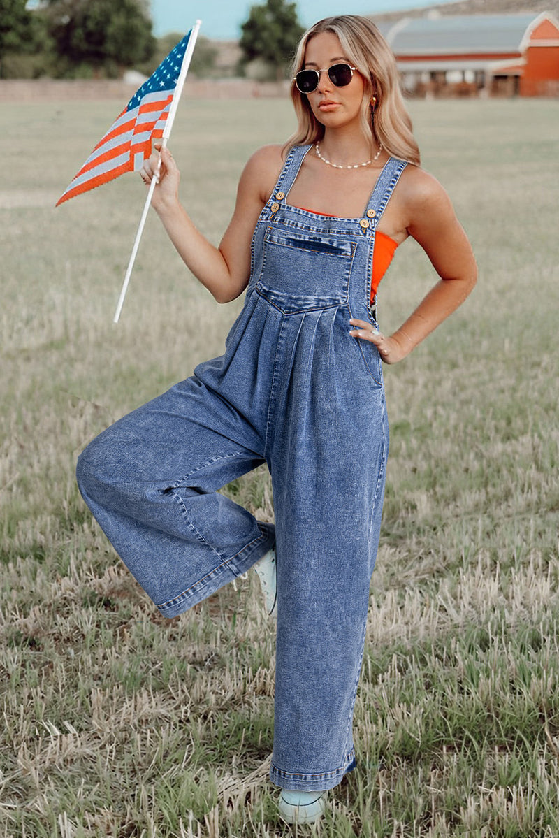 Light Blue Mineral Wash Buttoned Straps Wide Leg Denim Overalls