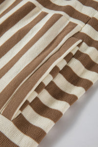 Brown Stripe Quarter Buttons Drop Sleeve Plus Size Hoodie