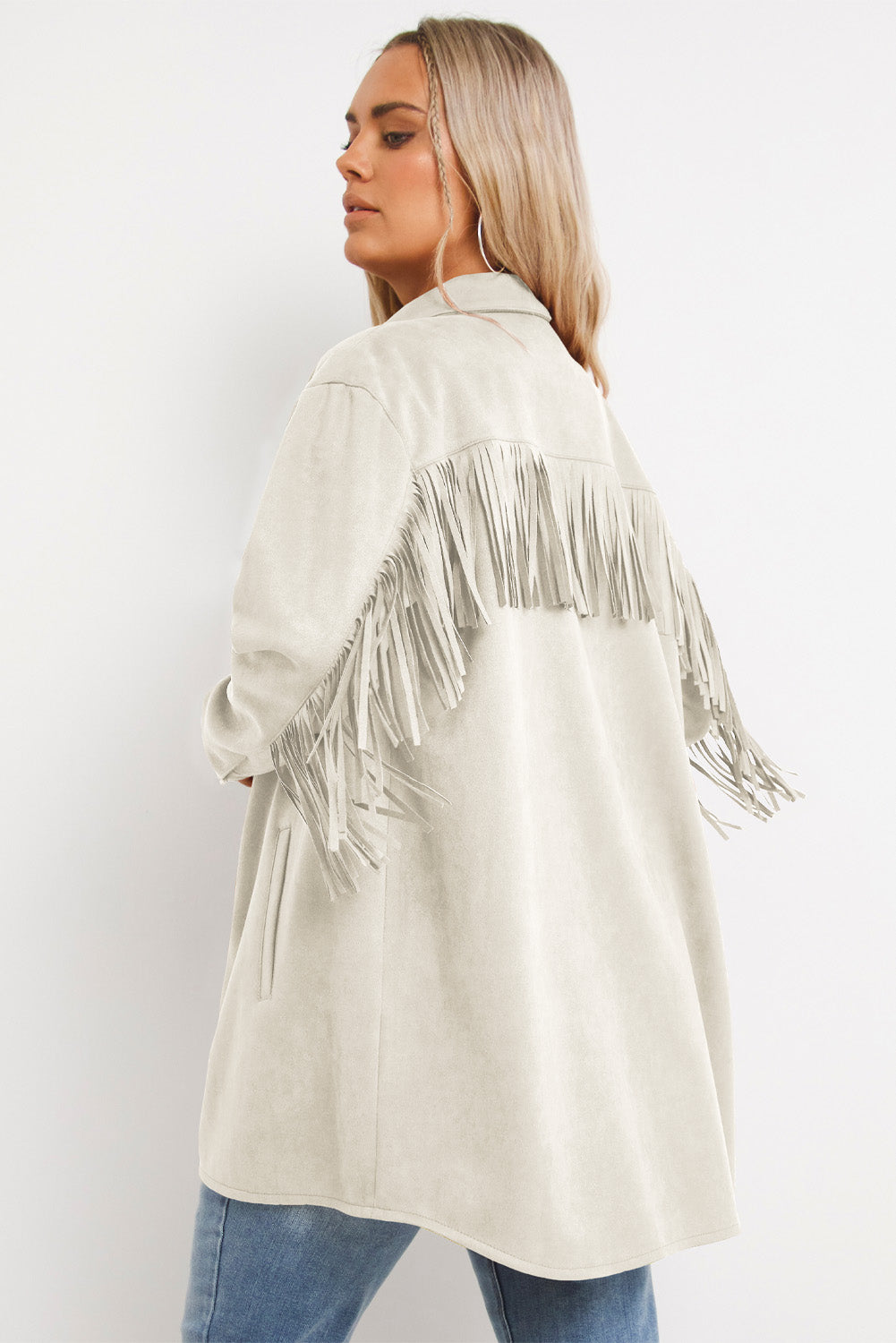 White Fringe Trim Plus Size Suede Shacket