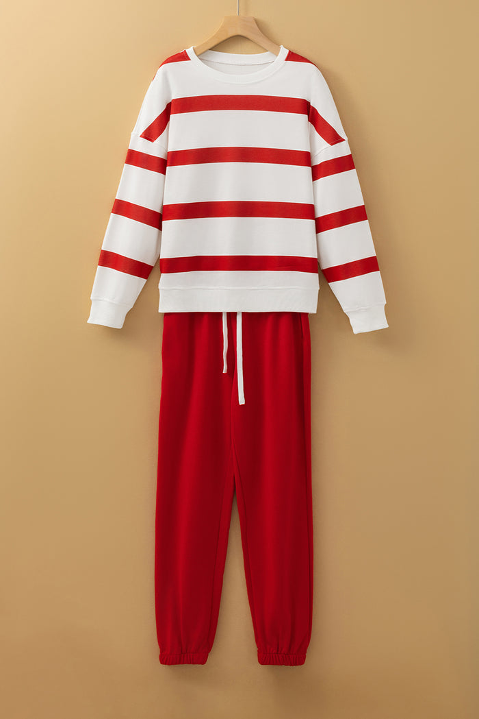 Red Stripe Drop Shoulder Pullover and Jogger Pants Set