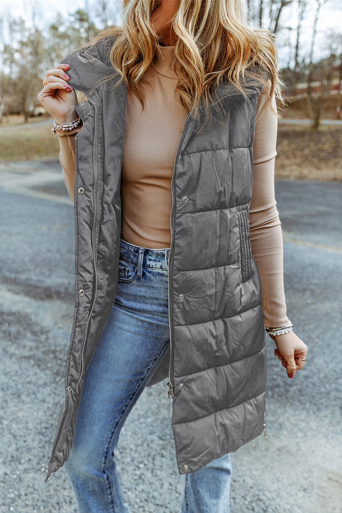 Dark Grey Hooded Long Quilted Vest Coat