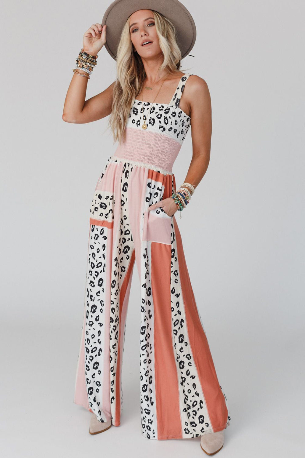 Pink Leopard Color Block Mix Print Pocketed Jumpsuit