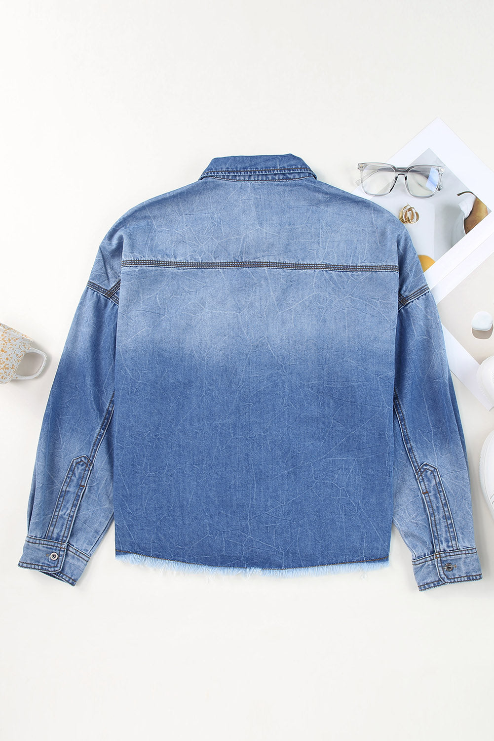 Sky Blue Flap Pockets Raw Hem Denim Shacket