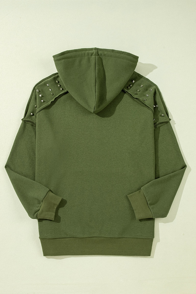 Vineyard Green Solid Color Rivet Stud Raglan Sleeve Hoodie with Pocket