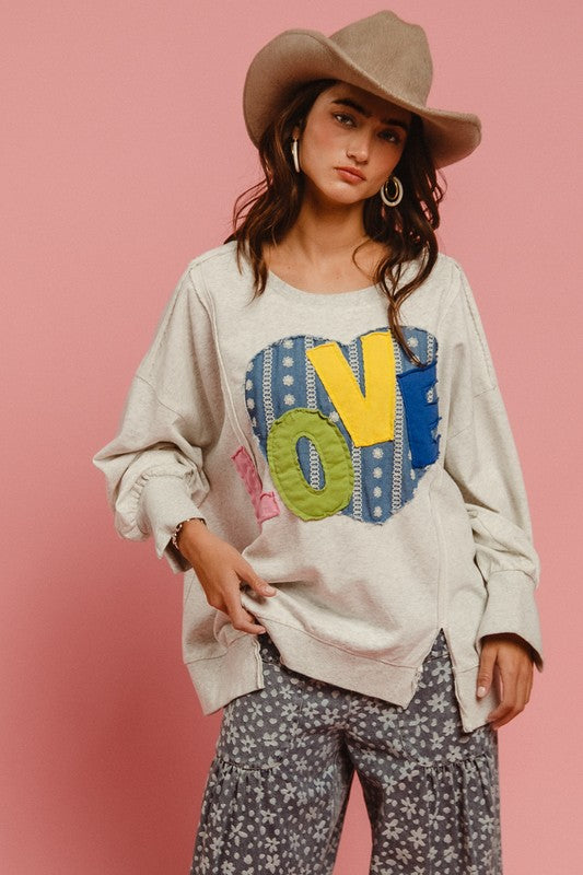 BiBi LOVE Heart Patch Slit French Terry Sweatshirt