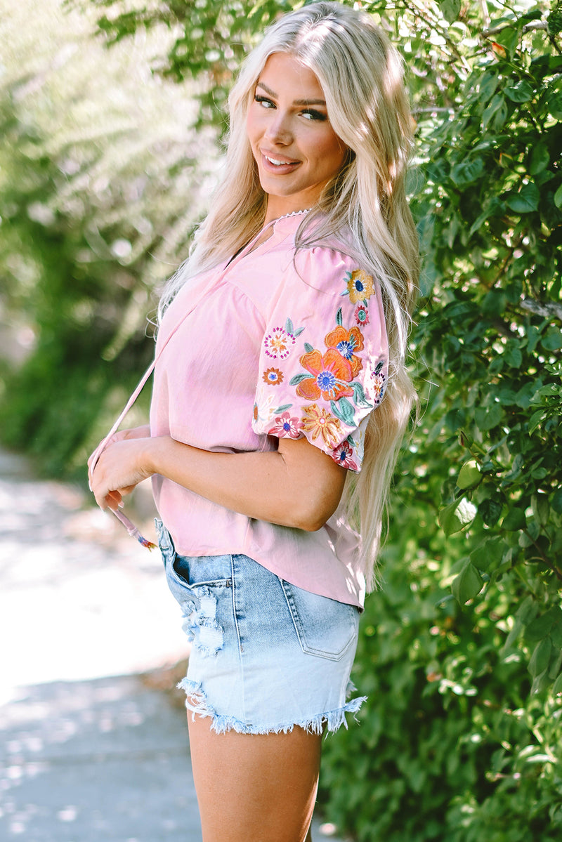 Black Floral Embroidered Puff Sleeve Split Neck Blouse