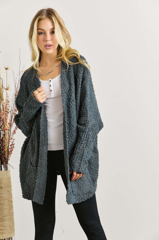 ADORA Popcorn Knit Open Front Long Sleeve Cardigan