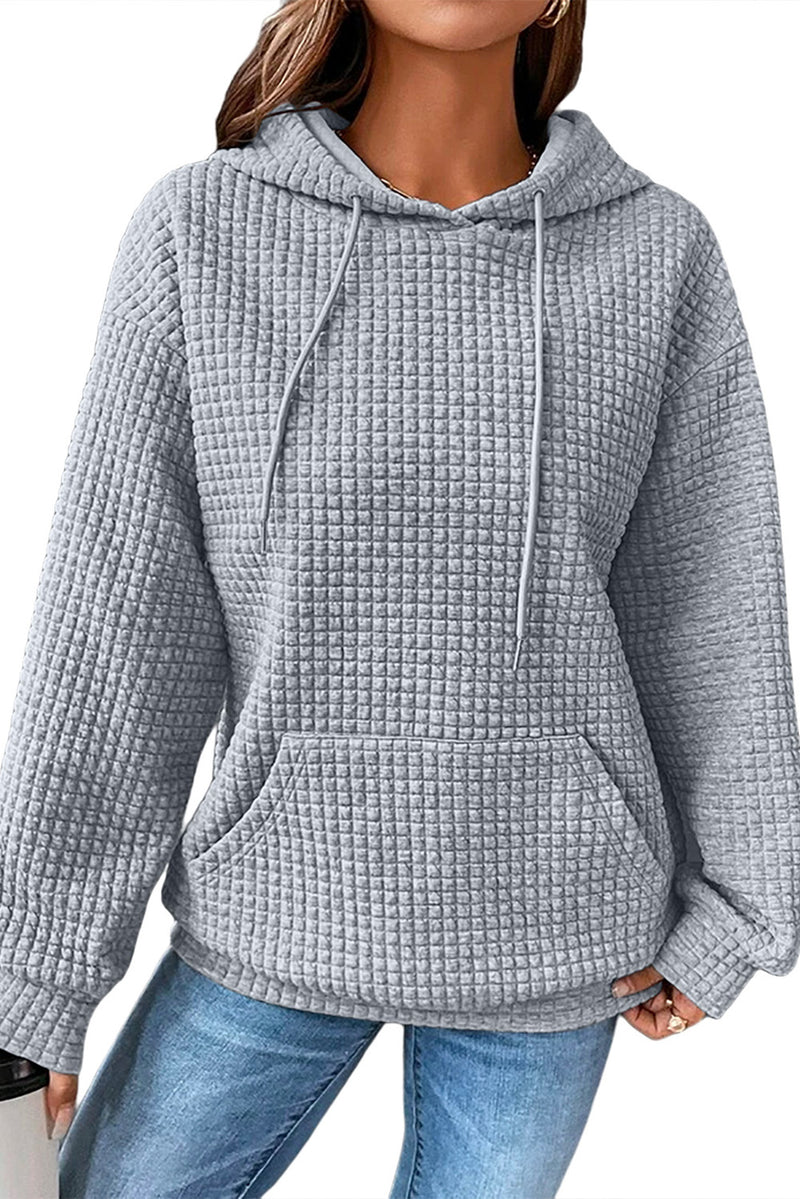 Gray Lattice Textured Kangaroo Pocket Drawstring Hoodie