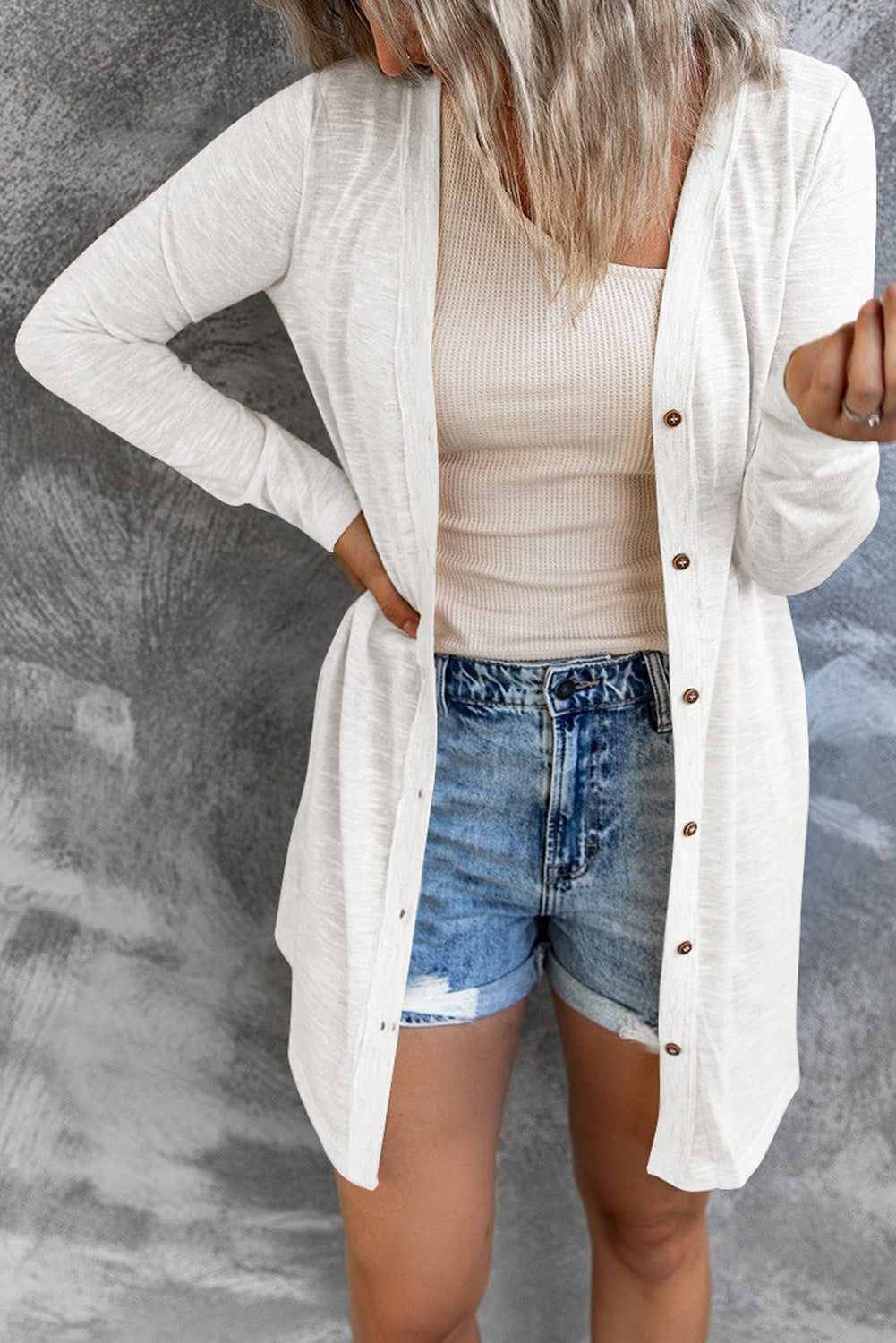 White Solid Color Open-Front Buttons Cardigan