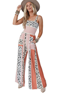 Pink Leopard Color Block Mix Print Pocketed Jumpsuit