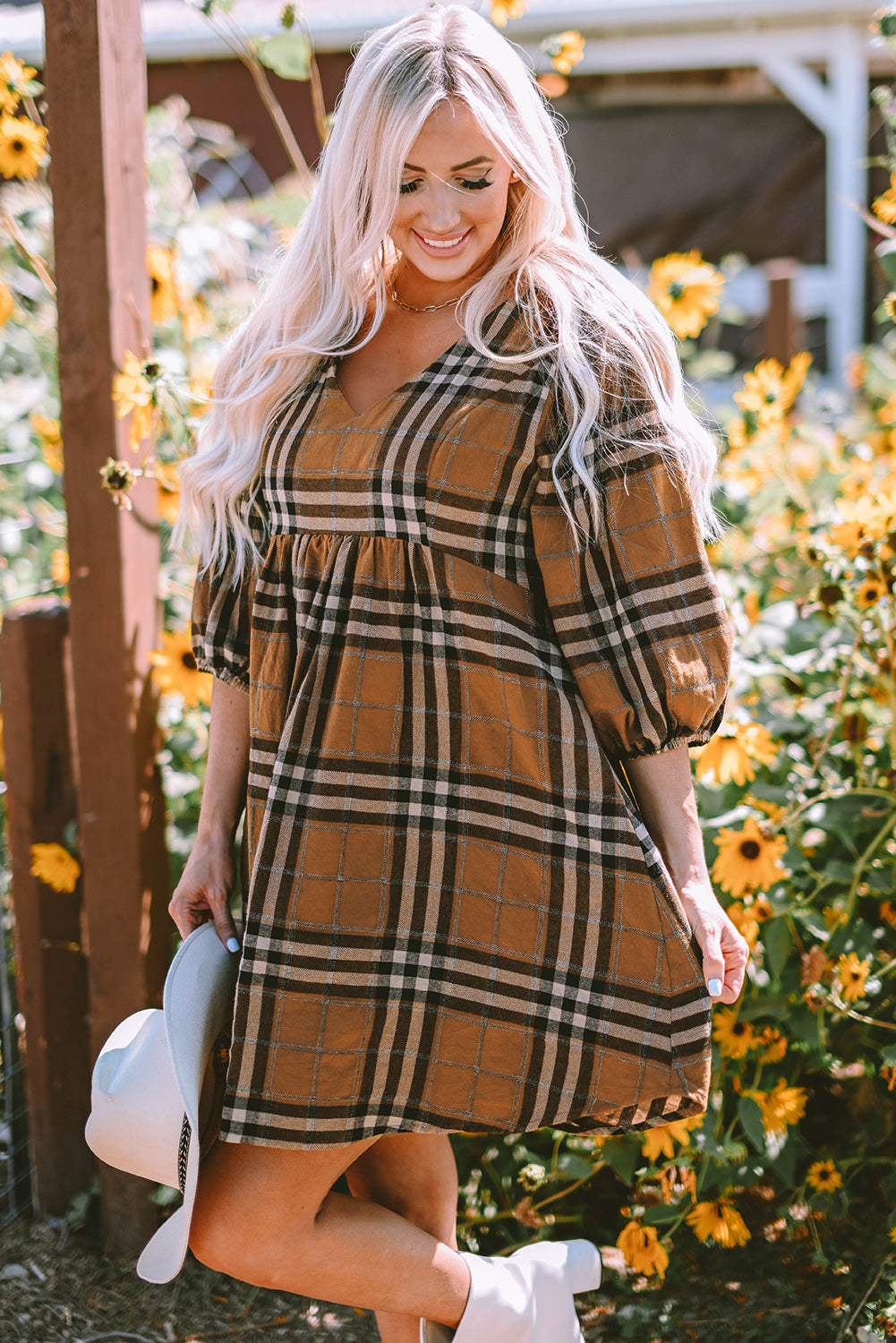 Brown Printed Plaid V Neck Plus Size Babydoll Dress