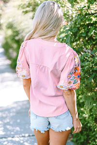 Black Floral Embroidered Puff Sleeve Split Neck Blouse