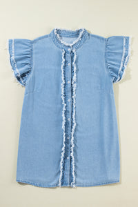 Dusk Blue Plus Size Ruffled Sleeve Button Up Frayed Denim Top