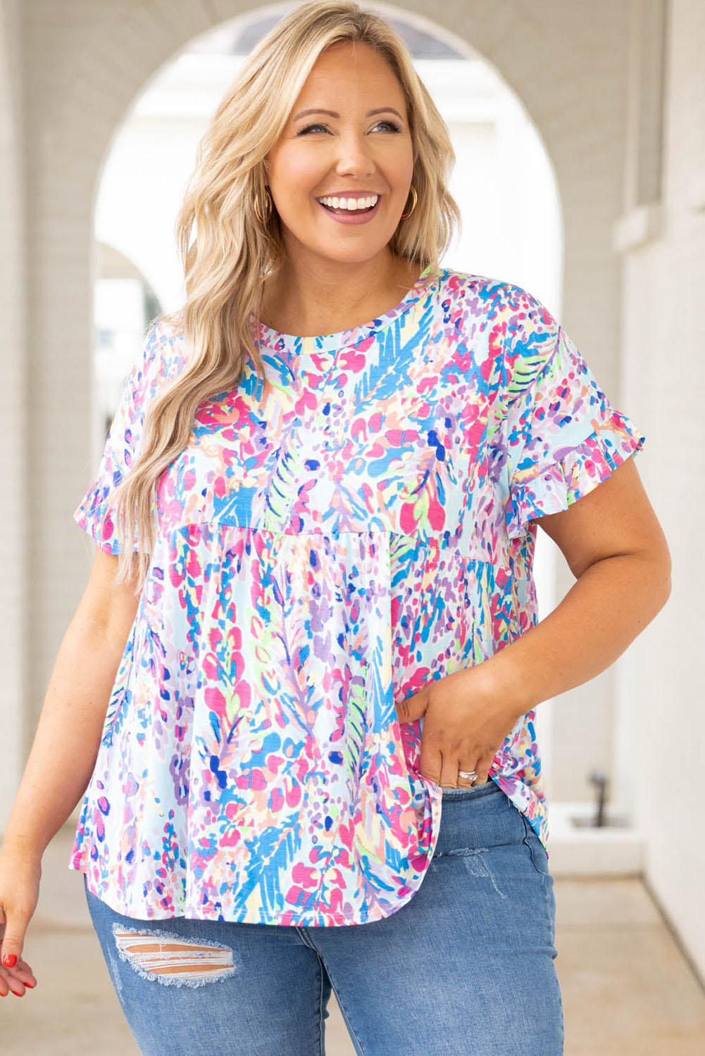 Purple Vibrant Botanical Print Frill Short Sleeve Plus Size Top