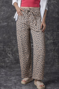 Khaki Leopard Printed Drawstring Waist Pocketed Wide Leg Jeans