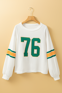 White Number 76 Printed Retro Sporty Long Sleeve Top