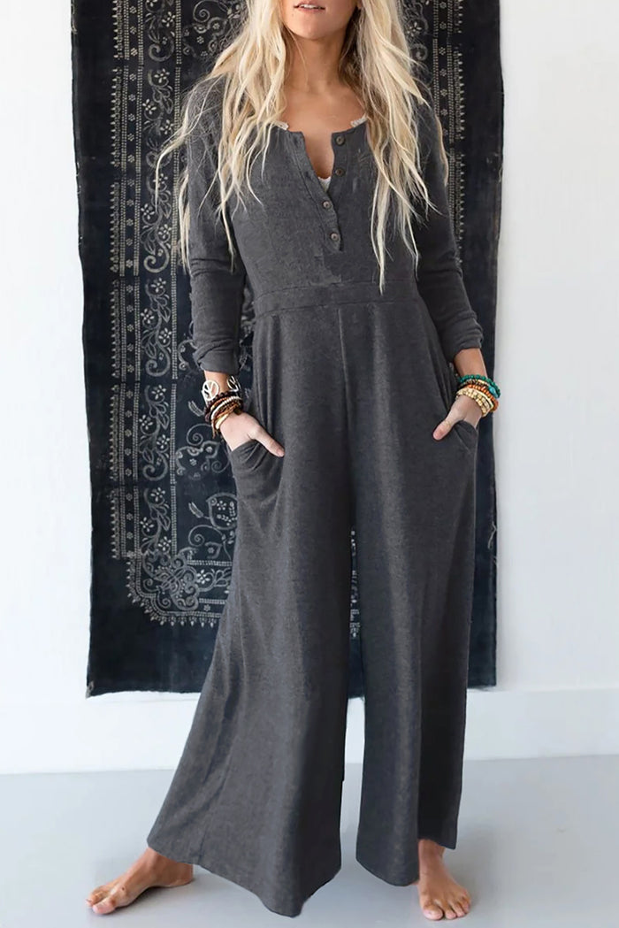 Gray Printed Buttoned Bodice Wide Leg Leopard Jumpsuit